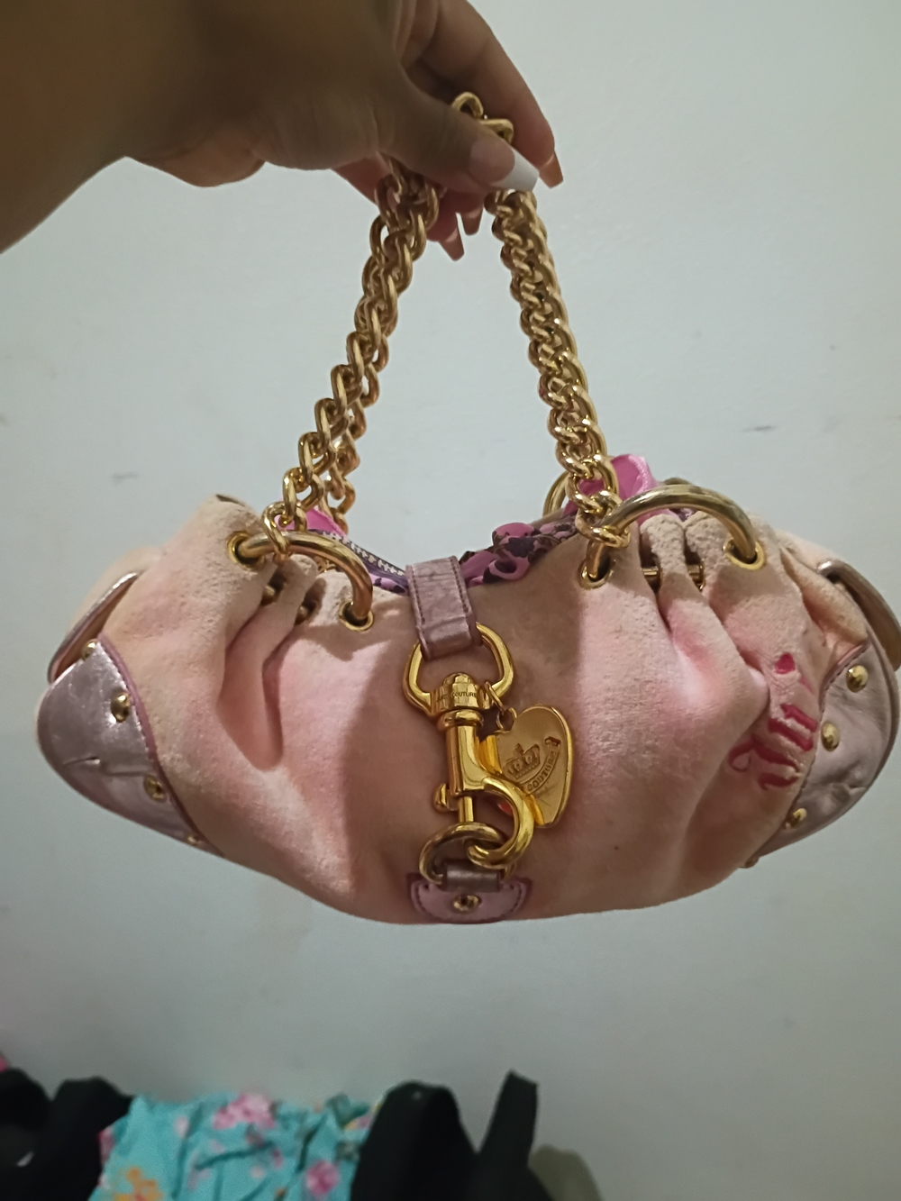 Pink Suede Hobo Bag with Gold Chain Handles